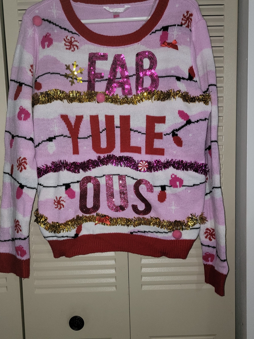 No Boundaries Pink & Red "FAB YULE OUS" Sequin Holiday Sweater